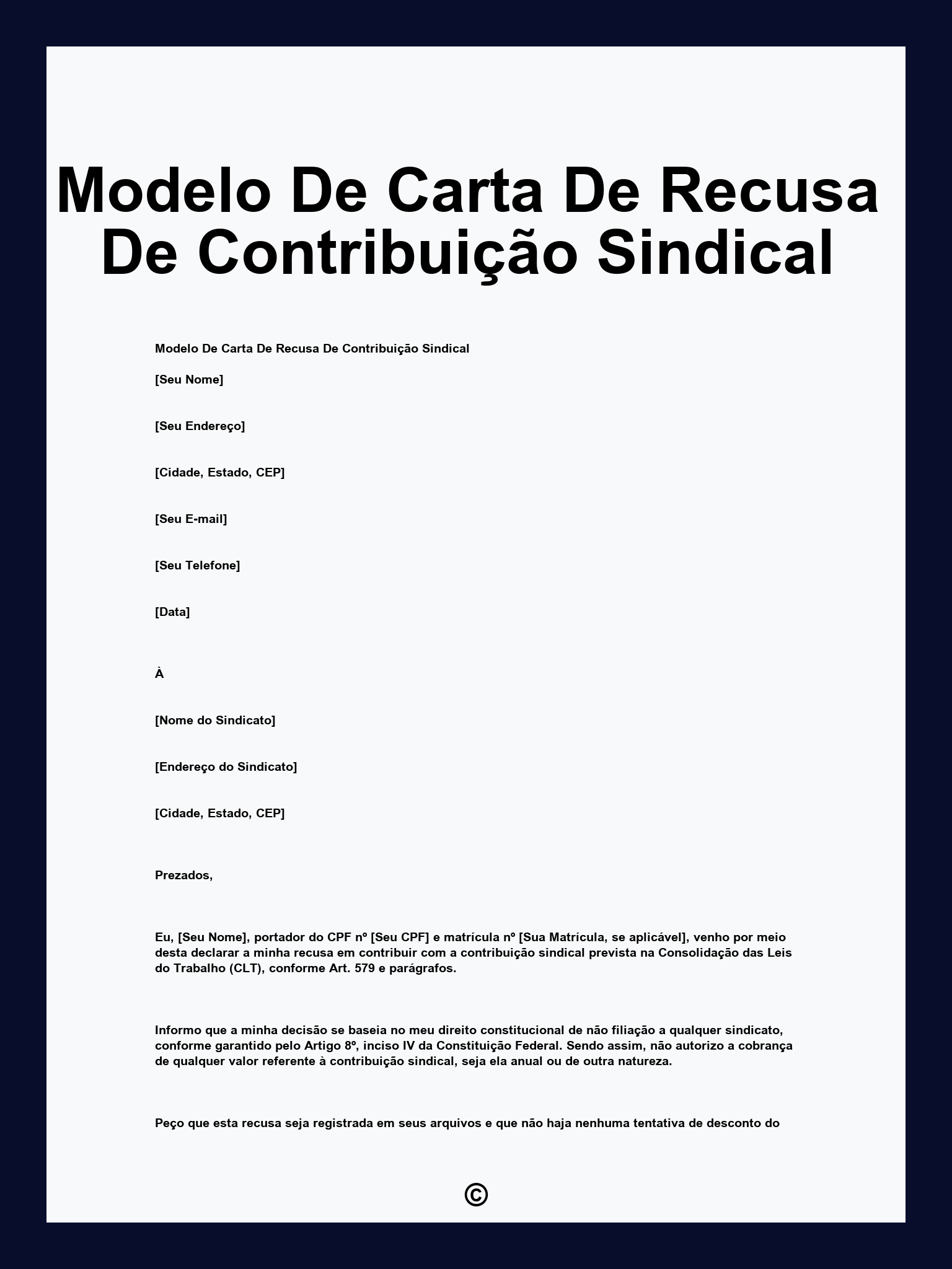 Modelo De Carta De Recusa De Contribuição Sindical